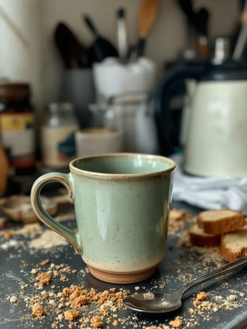 Phone photo of a green ceramic mug on a messy kitchen counter