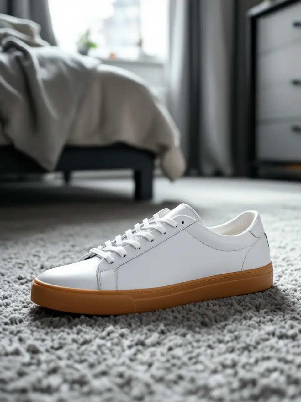 Phone photo of a white sneaker on a bedroom carpet